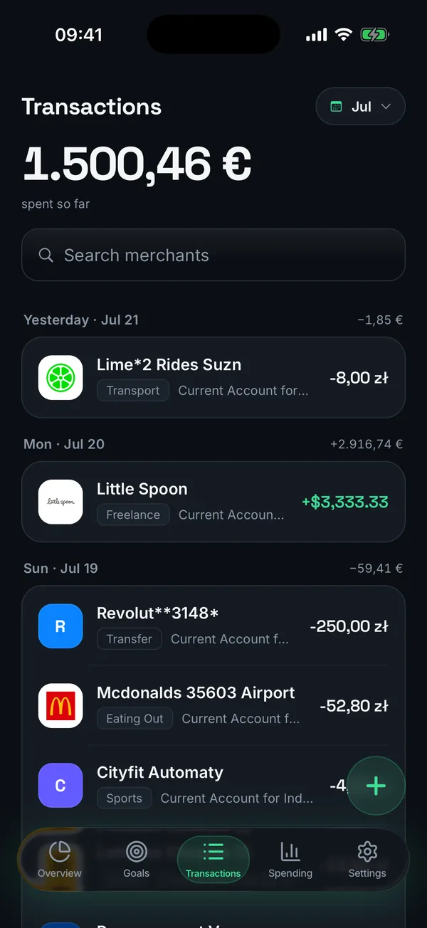 Brixa transactions imported from a European bank with merchant logos