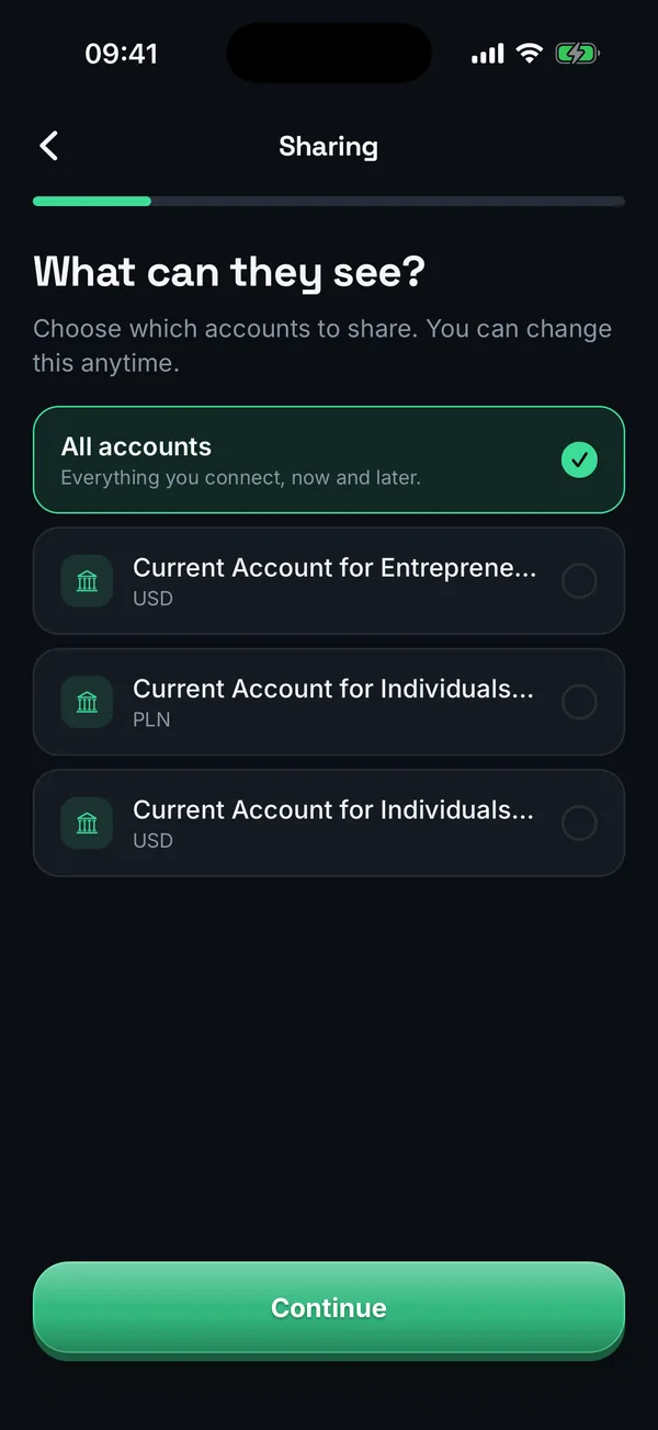 Brixa sharing setup choosing which accounts a partner can see