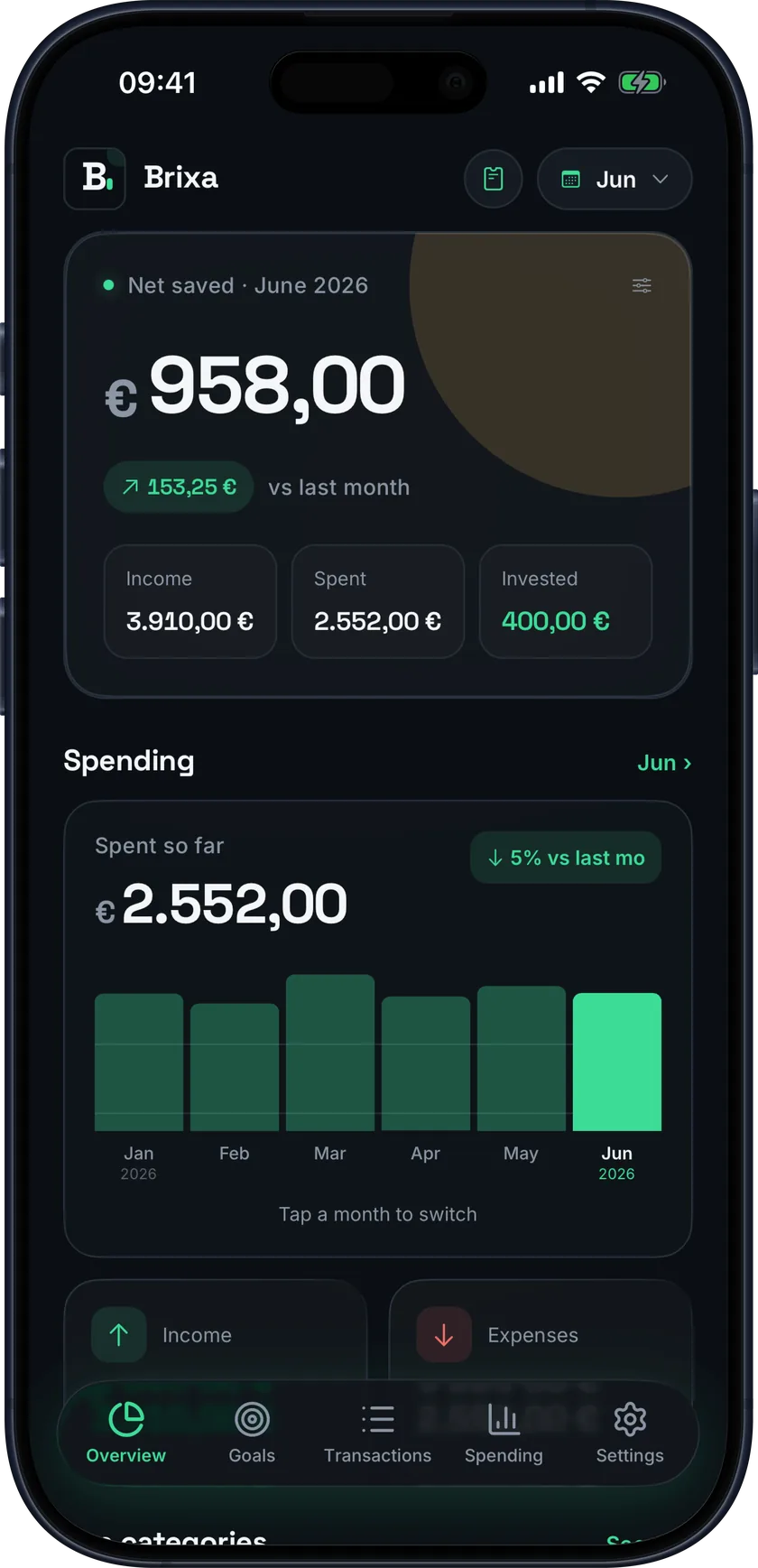 Brixa home screen showing balances, monthly net saved, and spending