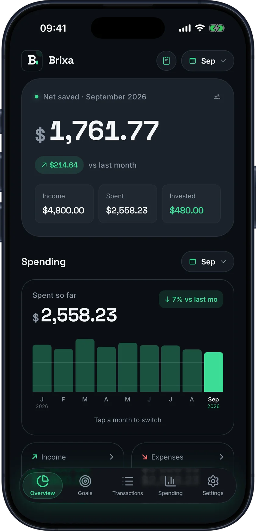 Brixa home screen showing balances, monthly net saved, and spending